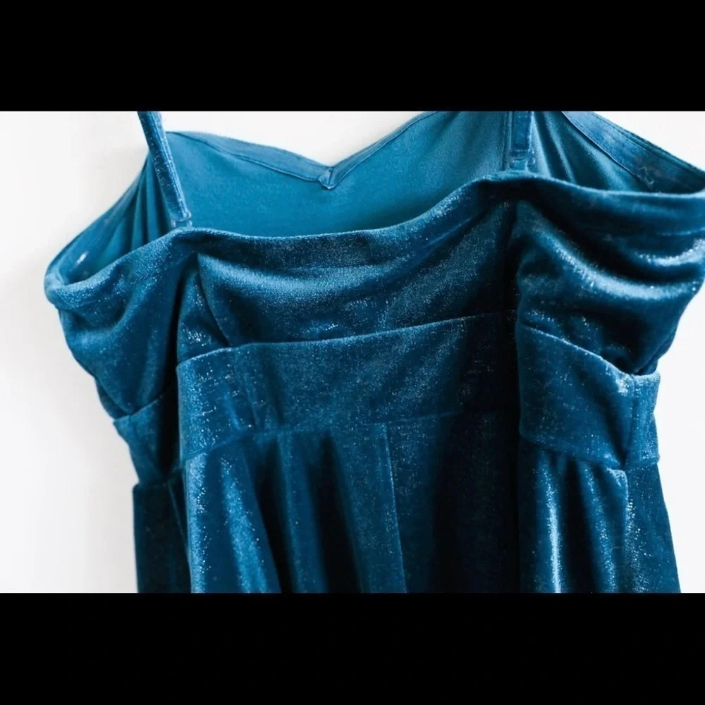 Free People velvet sparkly mini dress boho spaghetti strap S small party blue - Picture 5 of 7